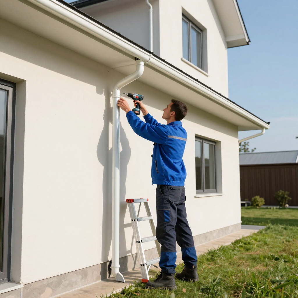 Technician in blue jacket installing a white downspout on a house exterior using a ladder and drill