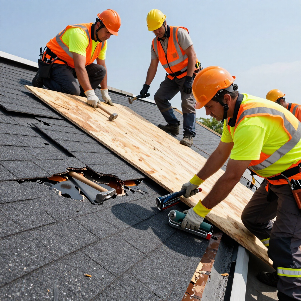 Roofing crew installing plywood over shingles on a sloped roof, wearing orange hard hats and safety vests.