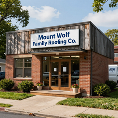 Mount Wolf Family Roofing Co. storefront with brick facade and blue-and-white sign