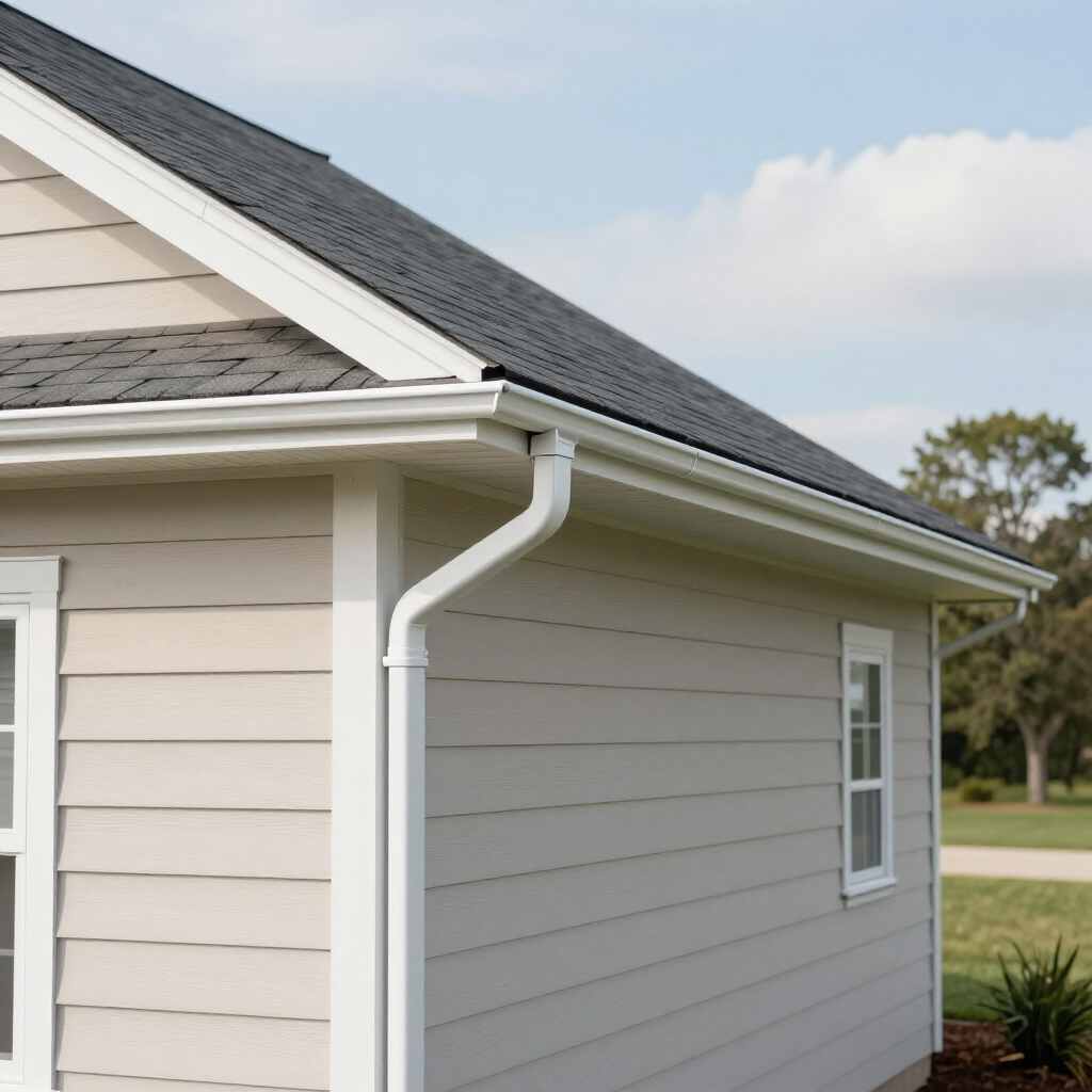 House exterior with gray siding and white gutters under a shingled roof