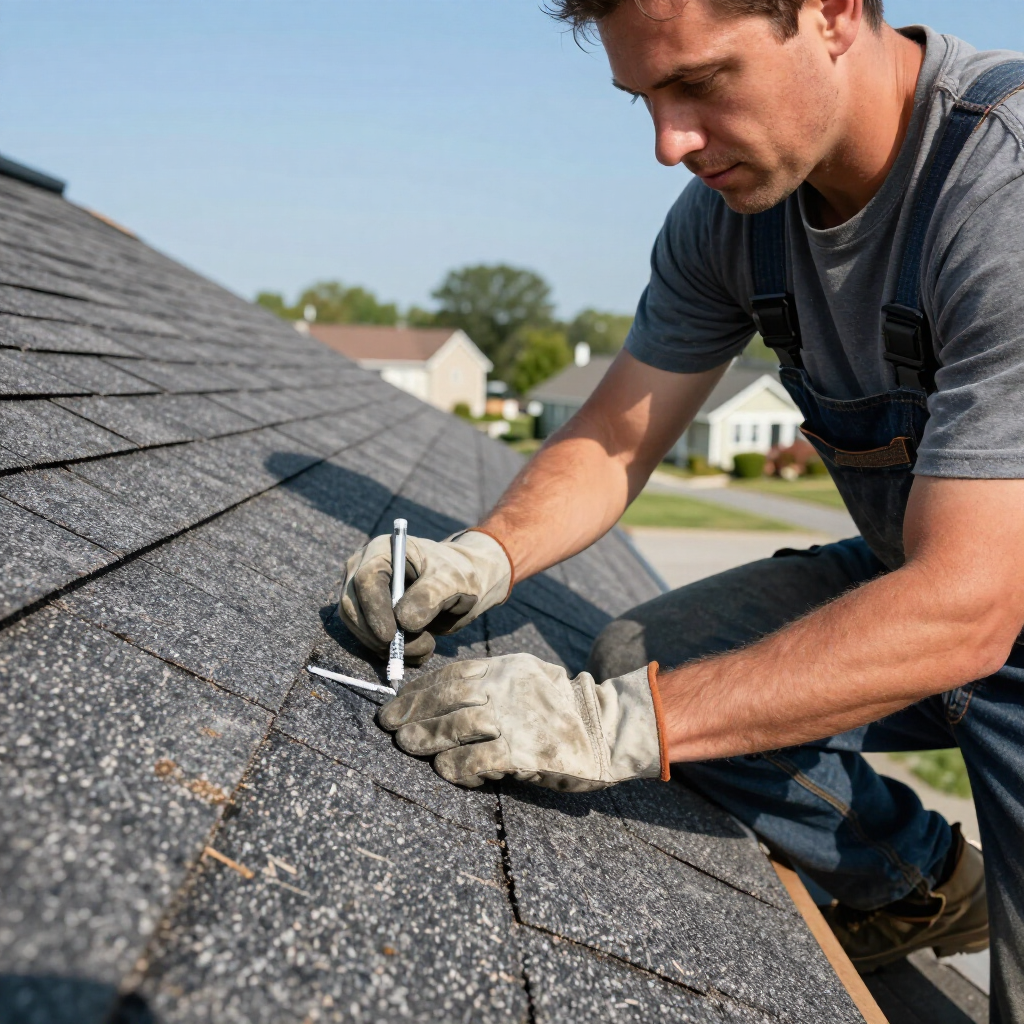 Worker repairing asphalt shingles on a rooftop with a hammer and gloves Worker repairing asphalt shingles on a rooftop with a hammer and gloves