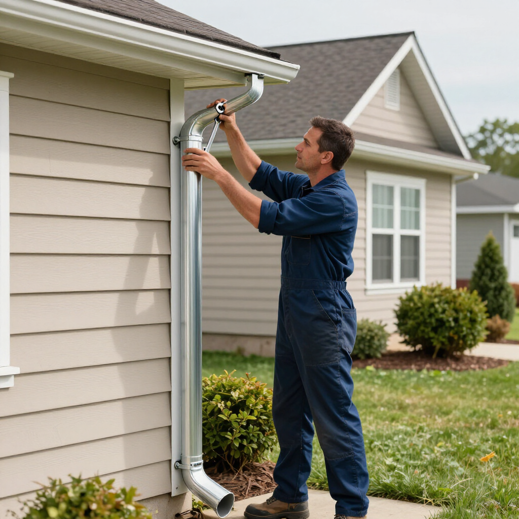 Man in blue coveralls installing a downspout on a beige house exterior