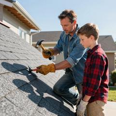Two people repairing shingles on a roof, one hammering while the other holds a tool Two people repairing shingles on a roof, one hammering while the other holds a tool