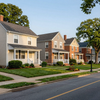 Row of suburban houses with manicured lawns along a quiet street at dusk
