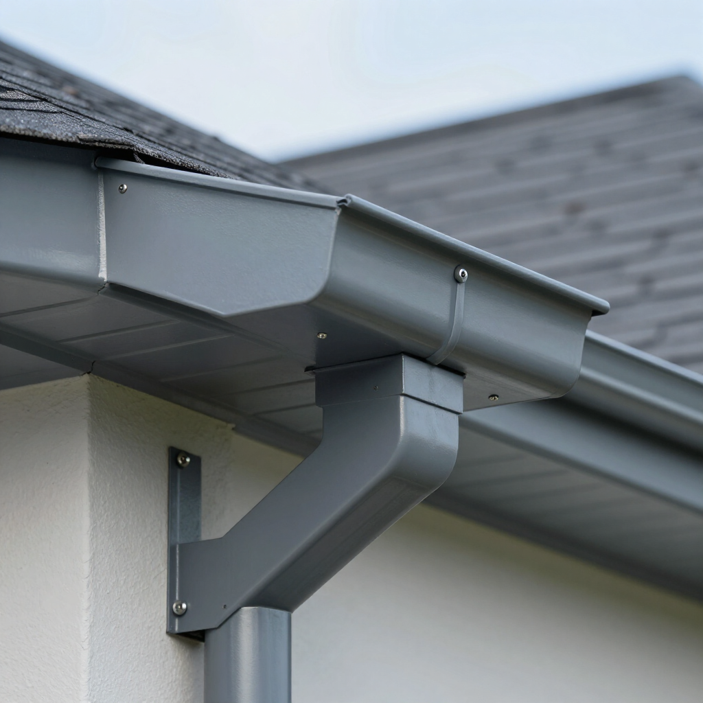 Gray metal rain gutter and downspout mounted on a house roofline