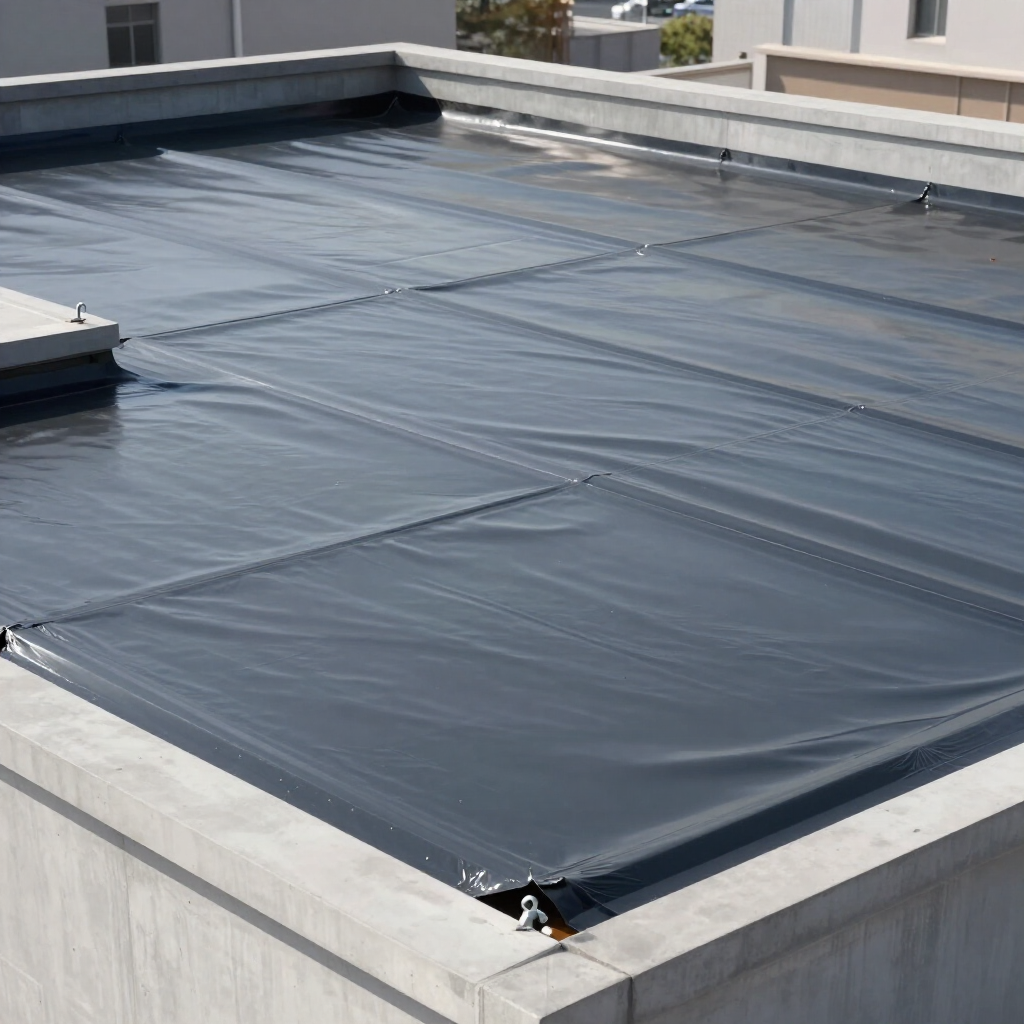 Black tarp covering a rooftop, secured along the edges under bright daylight