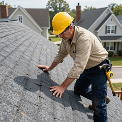 Worker in a yellow hard hat inspecting gray roof shingles on a house. Worker in a yellow hard hat inspecting gray roof shingles on a house.