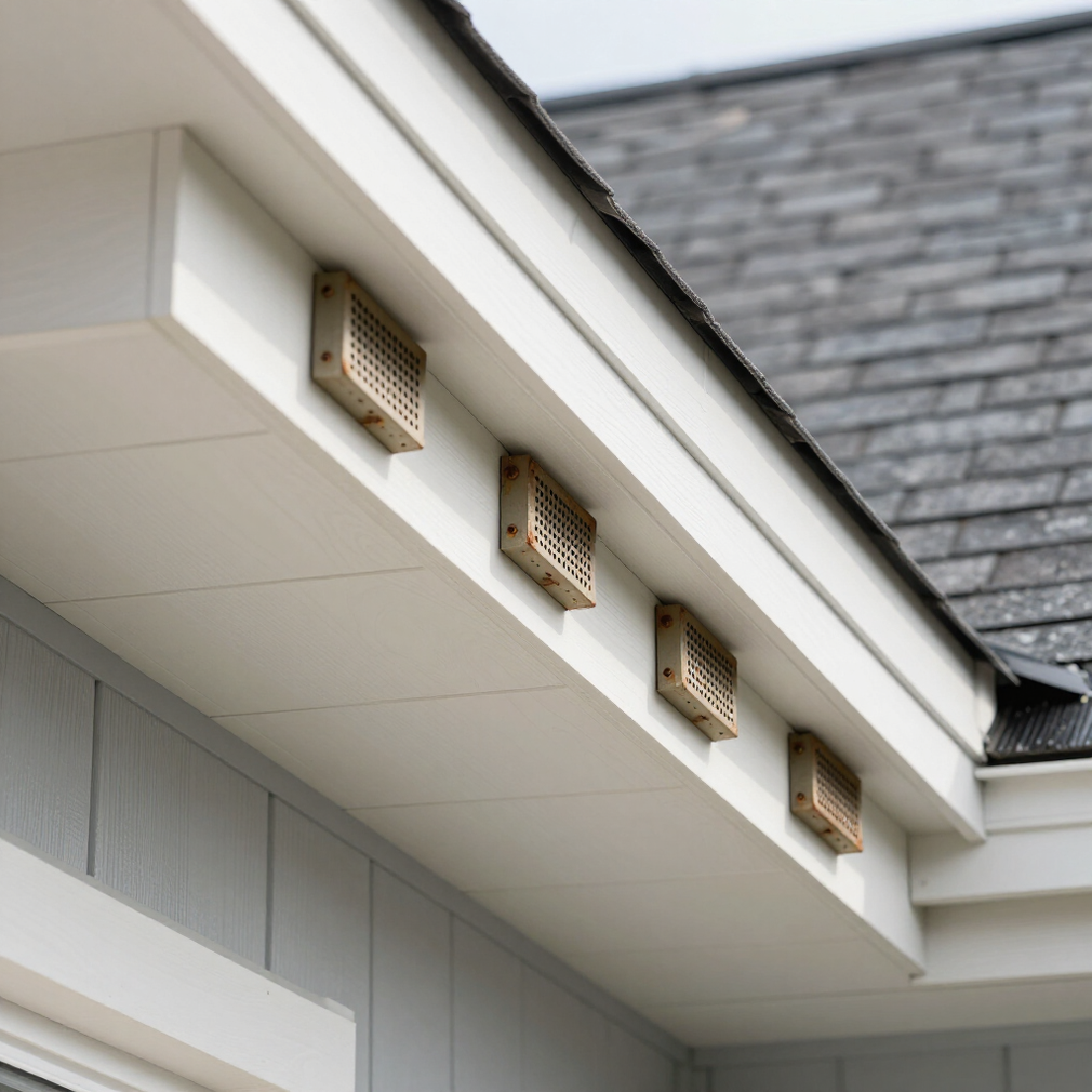 Row of small beige vent covers beneath a white house eave and gray shingled roof Row of small beige vent covers beneath a white house eave and gray shingled roof
