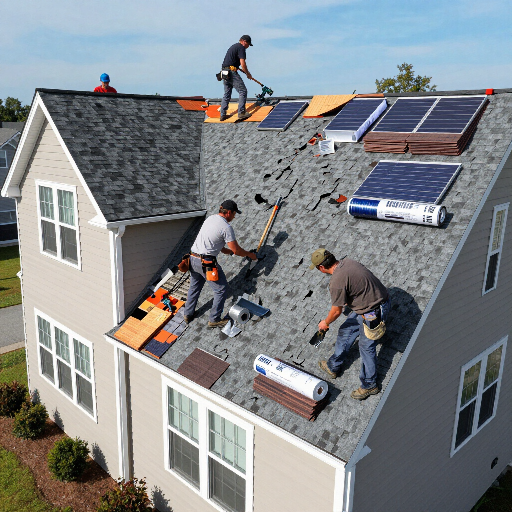 Roofers installing shingles on a steep house roof with solar panels.