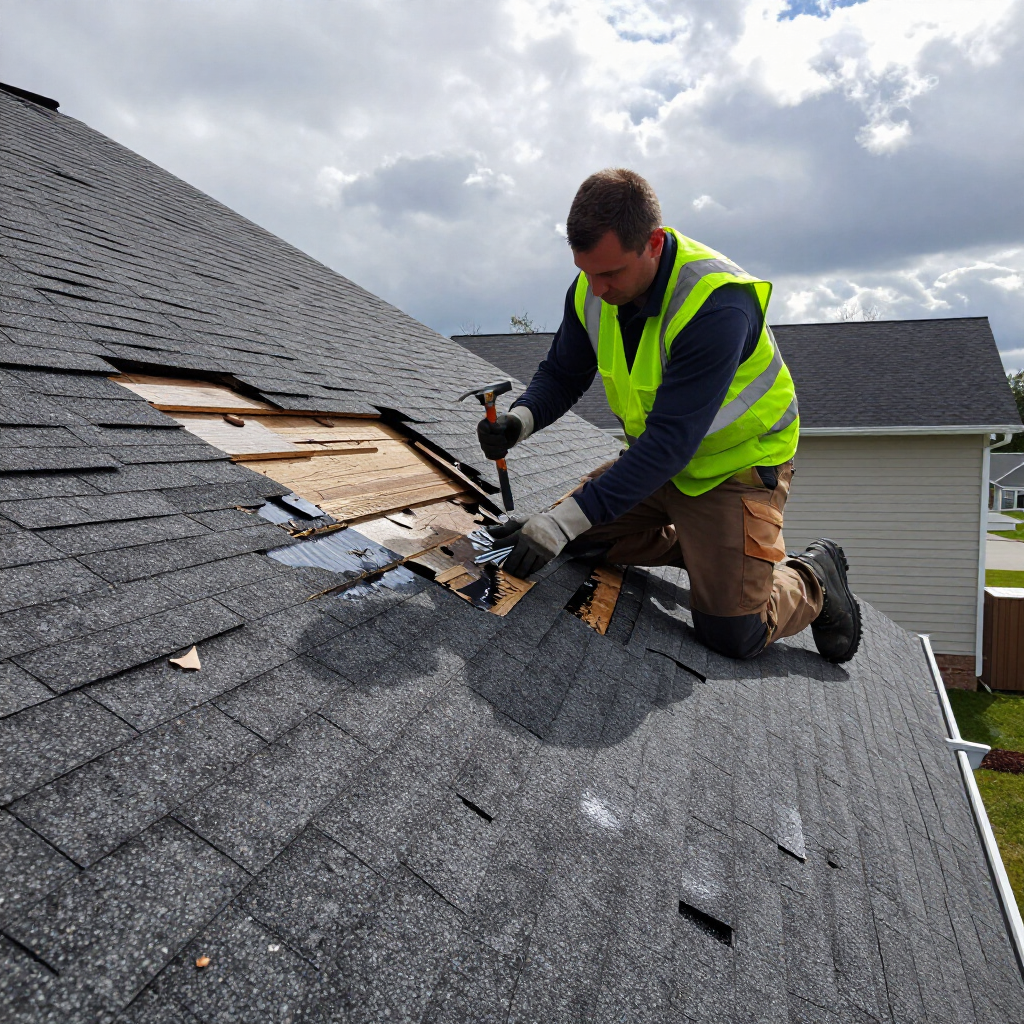 Worker kneeling on a roof, repairing damaged shingles with a hammer and pry bar.