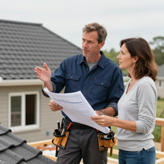 Two roof inspectors reviewing plans on a rooftop, with gray shingles and a house in the background Two roof inspectors reviewing plans on a rooftop, with gray shingles and a house in the background