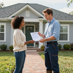 Two people discussing a document outside a gray house on a brick walkway Two people discussing a document outside a gray house on a brick walkway