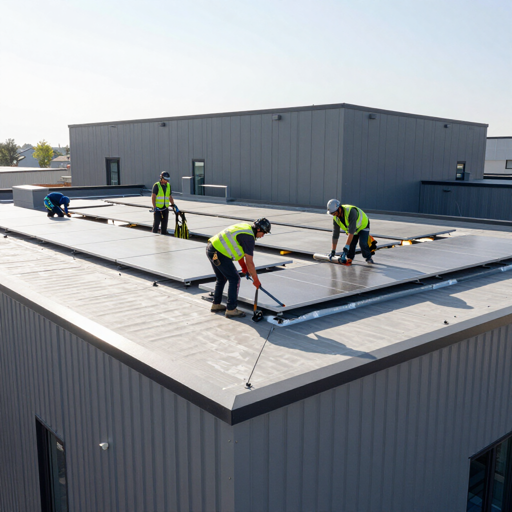 Workers in neon vests installing rooftop panels on a gray industrial building