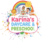 Karina&rsquo;s Daycare & Preschool logo with rainbow, smiling children, sun, elephant, lion, and fox