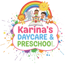 Karina&rsquo;s Daycare & Preschool logo with rainbow, smiling children, sun, elephant, lion, and fox