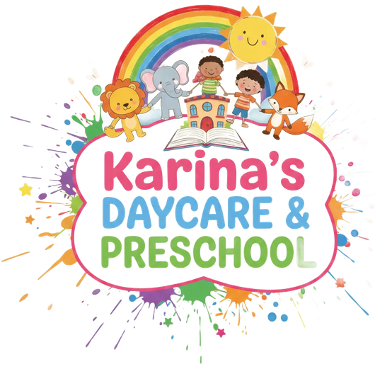 Karina&rsquo;s Daycare & Preschool logo with rainbow, smiling children, sun, elephant, lion, and fox