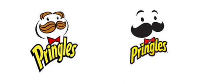 Side-by-side comparison of the Pringles logo, showing the detailed vintage version next to the simplified, flat redesign.