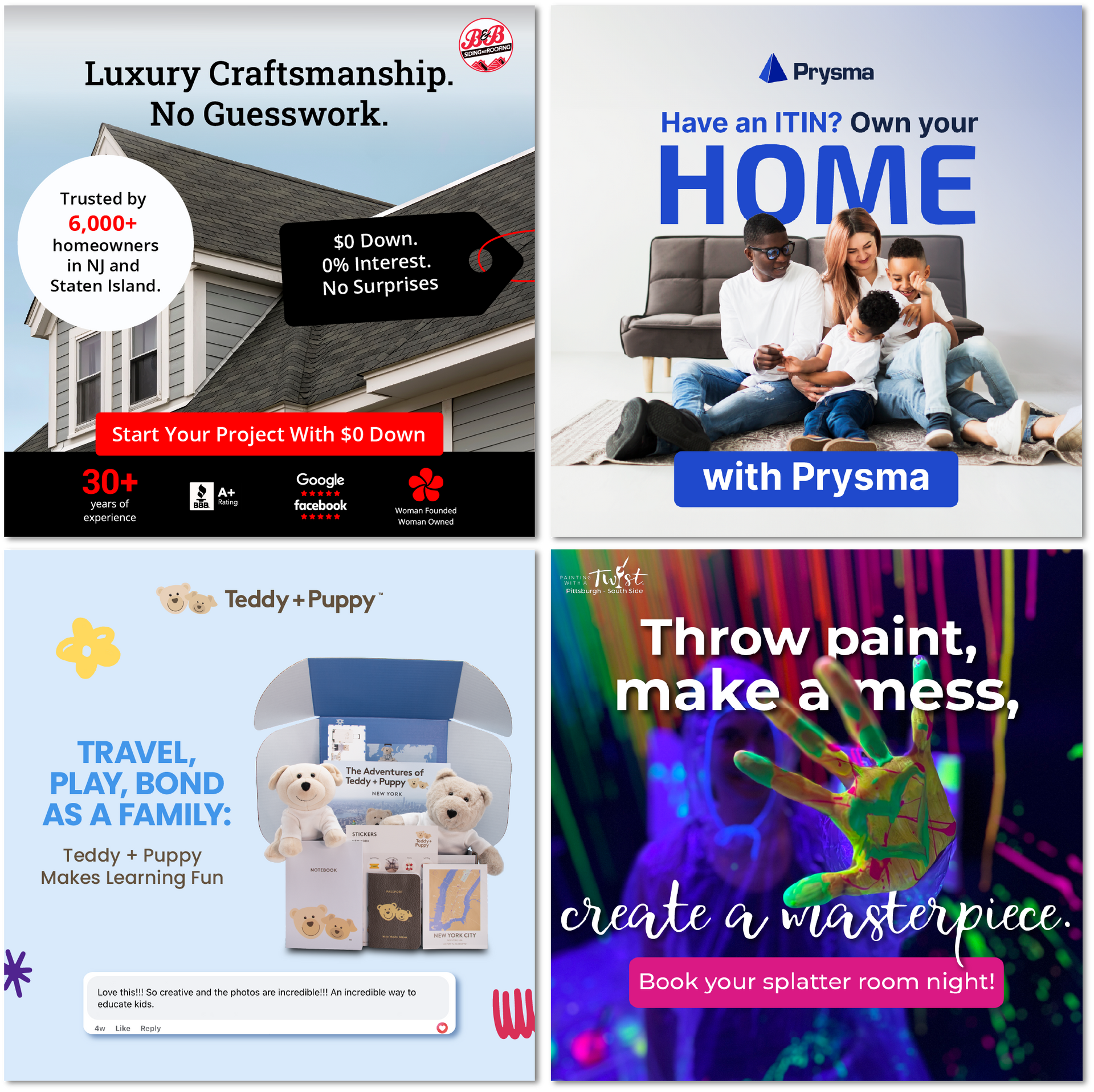 Side-by-side promotional graphics: a Teddy + Puppy toy kit box on the left, and a family on a sofa for Prysma on the right.