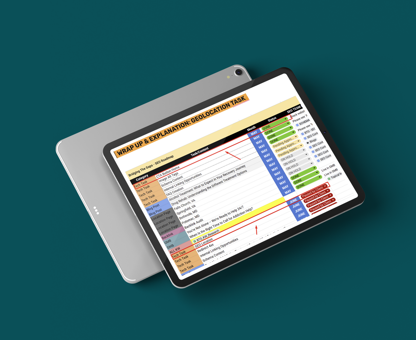A tablet displaying a spreadsheet titled 