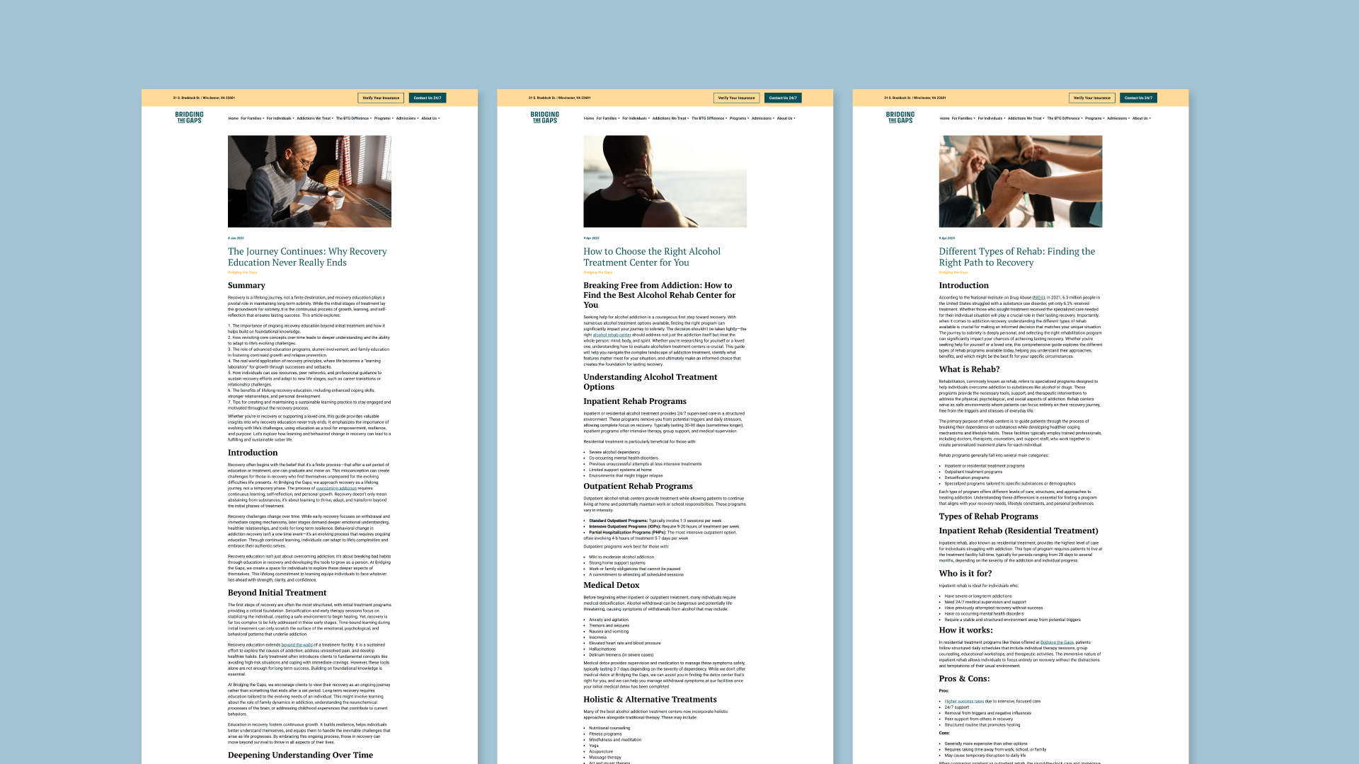 Three side-by-side screenshots of a website with articles about addiction treatment and rehab programs.