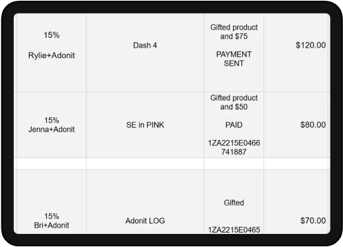 A table showing influencer discount codes, product names, gift status, payment status, and associated dollar values.