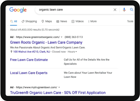 A tablet screen displaying a Google search results page for 