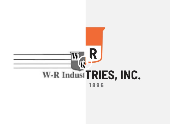 Logo for W-R Industries, Inc. featuring a split design: a gray shielded icon and orange flask icon, est. 1896.