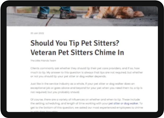 A tablet screen displaying a blog post titled 