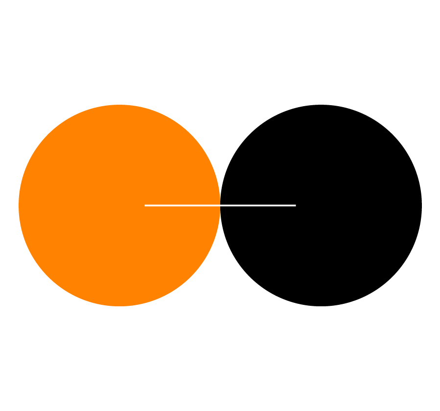An orange circle and a black circle touching side-by-side, connected by a thin, horizontal light-colored line.