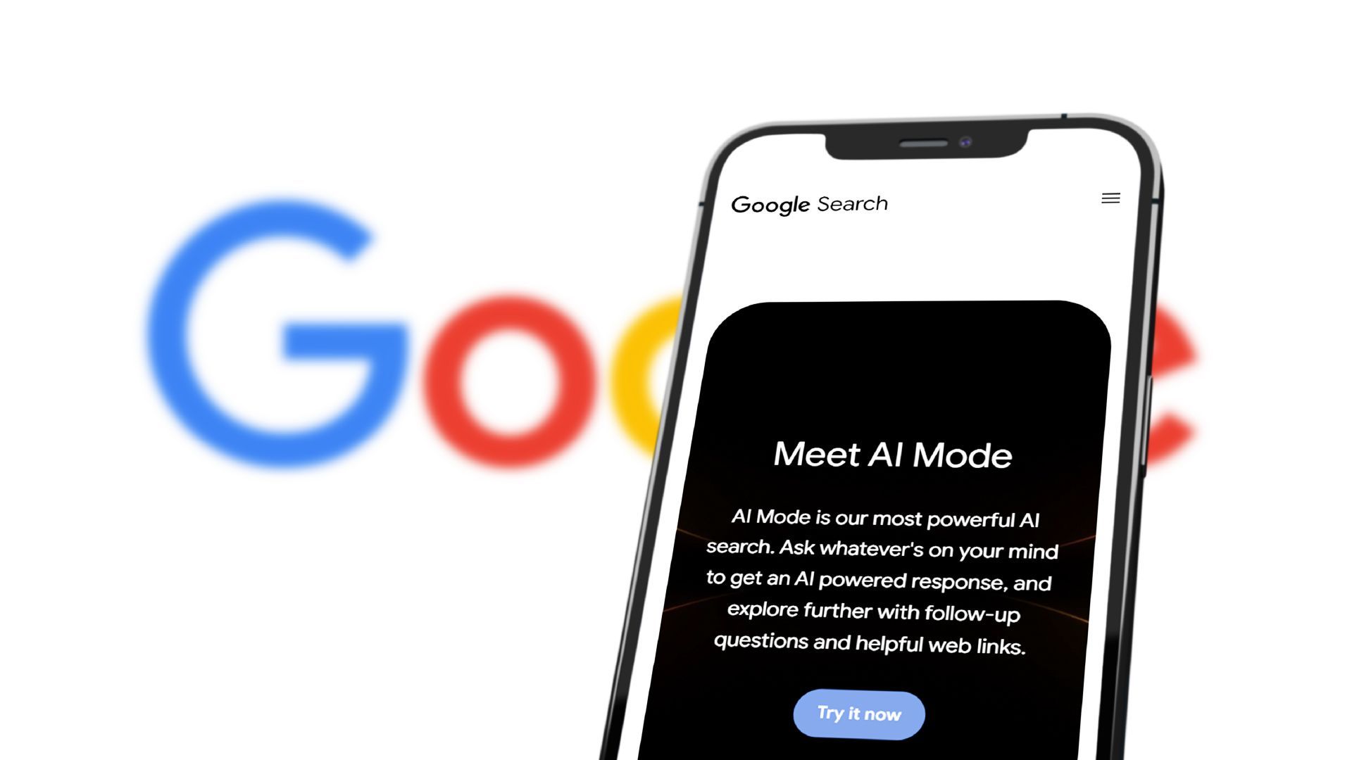 A smartphone displays a Google Search prompt introducing 