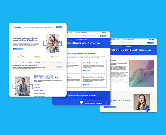 Three overlapping website mockups for a mental health care provider, featuring blue branding and service information.