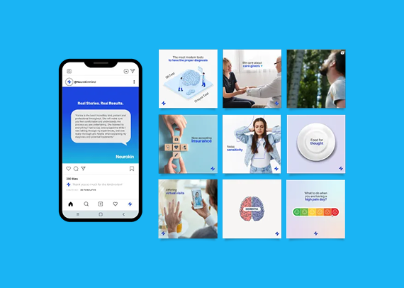 A phone displaying an Instagram post next to a grid of eight social media tiles about healthcare and wellness.