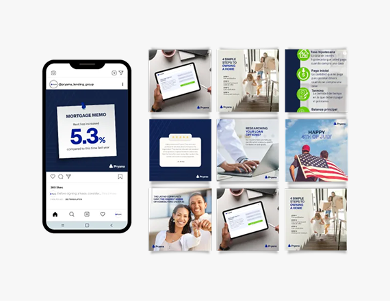A smartphone showing a mortgage rate post next to a grid of social media graphics for a mortgage company.