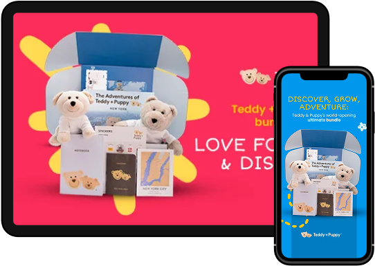 A tablet and phone display a Teddy & Poppy subscription box with two teddy bears, books, and map-themed items.