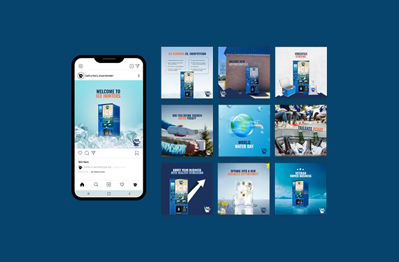 A smartphone displaying a social media post next to a grid of promotional graphics for a water filtration system.