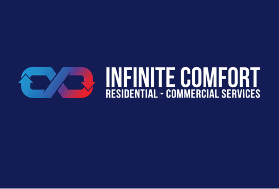 The Infinite Comfort company logo, featuring a blue and red infinity symbol icon next to the white text on a navy background.