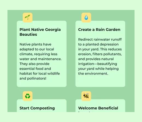 An infographic on a light green background listing four gardening tips: native plants, rain gardens, composting, and bees.