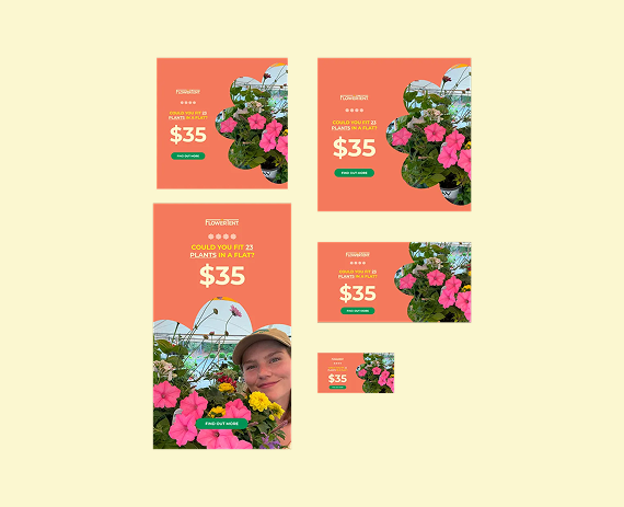 Five different sizes of a digital advertisement for pink flowers priced at $35, featuring a person in the largest version.