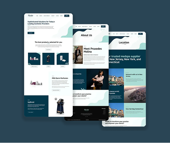 Three vertical mobile website layouts with a clean, professional blue and white color scheme displaying business services.