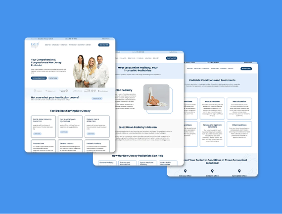 Three web pages for an aesthetic medical practice displayed against a blue background.