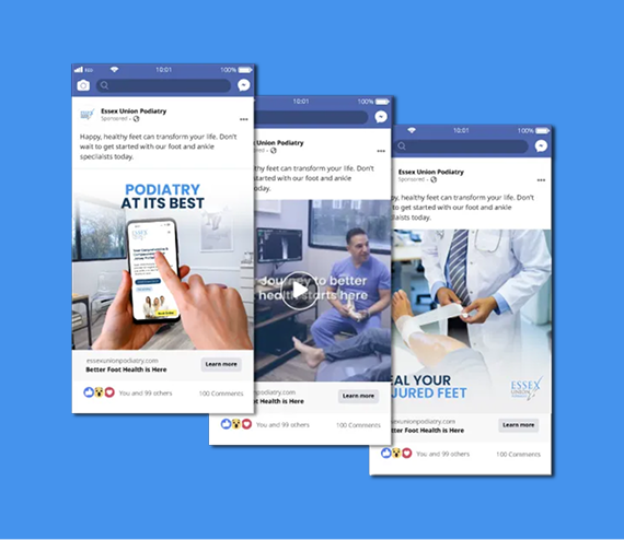 Three mobile phone screens displaying social media advertisements for a podiatry clinic, featuring photos and videos.