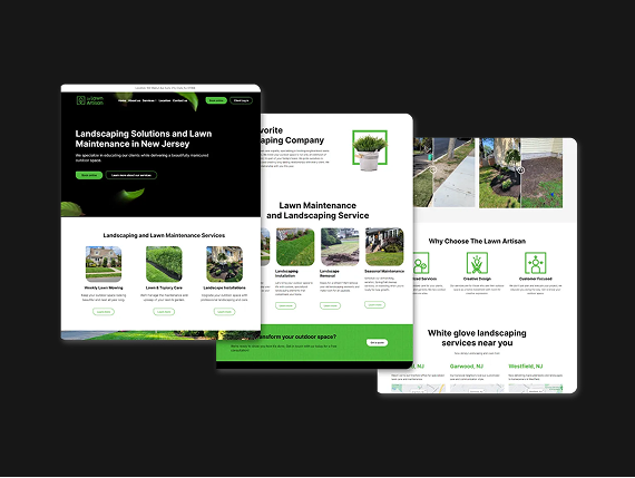 Three layered screenshots of a professional landscaping and lawn maintenance company website.