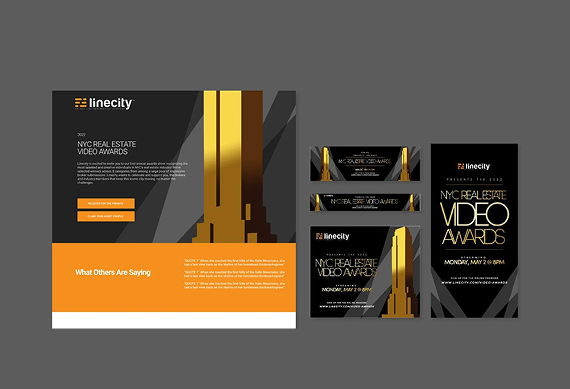 Branding set for Linecity featuring a black and gold color scheme with a skyscraper graphic, including web and print assets.