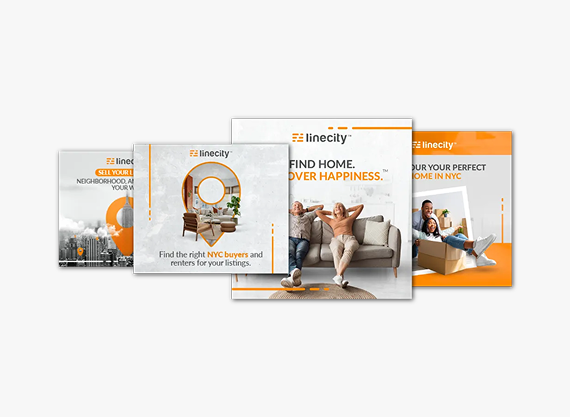 Four promotional graphic squares for a real estate brand called Rnectly, featuring orange branding and housing imagery.