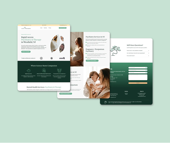 Three web page layout mockups in green and white, showcasing branding, imagery of a mother and baby, and a contact form.