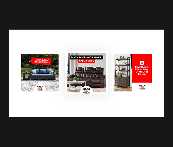 Three promotional banners for Maxsave furniture: an outdoor sofa, a leather recliner, and a bookshelf with red branding.