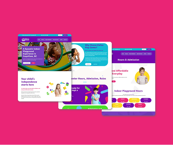 Three digital layouts of a children's indoor playground website featuring colorful graphics, child photos, and navigation.