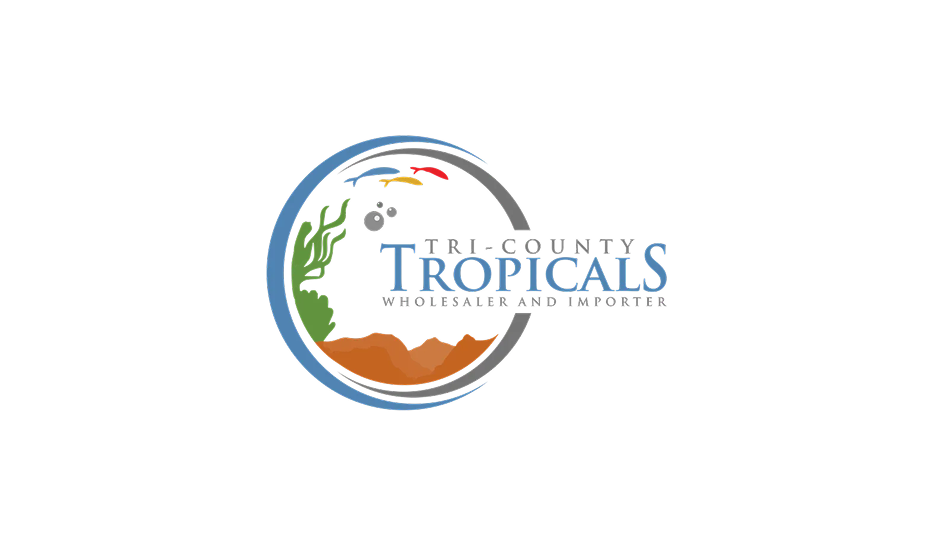 Logo for Tri-County Tropicals: a circular design with fish, seaweed, and sand, featuring the company name in blue text.