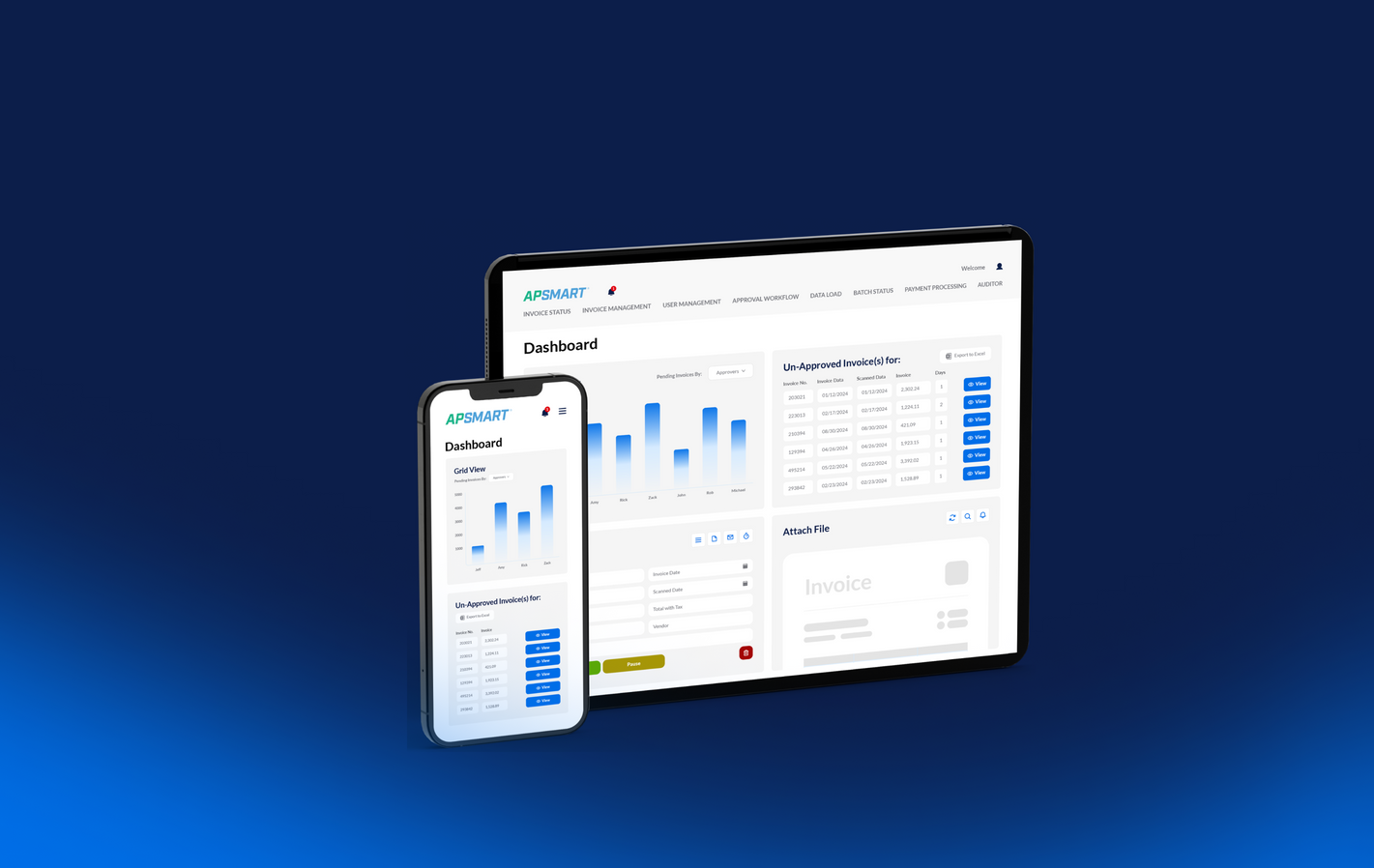 A smartphone and tablet displaying a business analytics dashboard with data charts, tables, and blue UI elements.