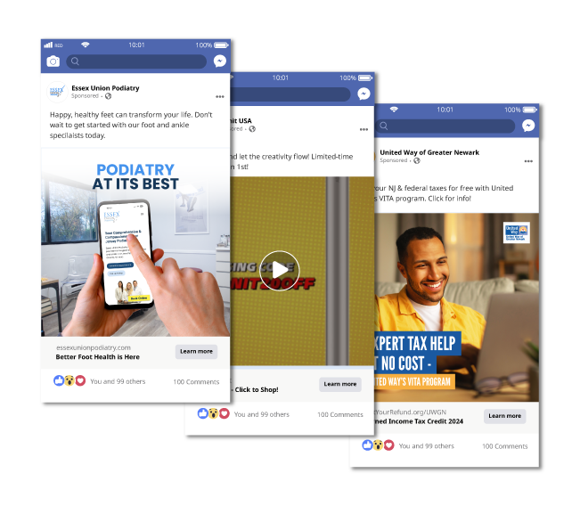 A digital mockup of three mobile phone screens displaying different social media advertisements with text and images.
